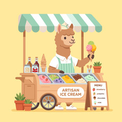 Naklejka premium A llama vendor serves colorful ice cream at an outdoor artisan cart on a sunny day