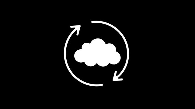 Cloud syncing animation with rotating arrows, cloud computing and data backup icon on black background