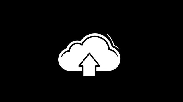 White cloud upload icon with upward arrow isolated on black background for storage concept