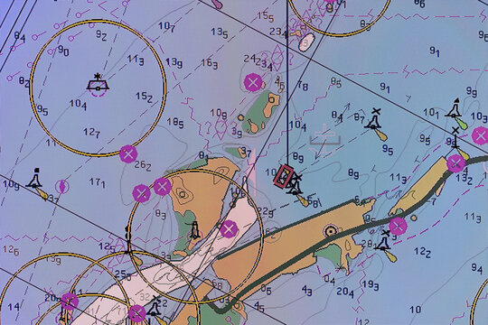 Detailed electronic nautical chart showing coastal islands, depth soundings, navigation buoys, and shipping lanes for marine navigation, route planning, and safe coastal piloting in open water