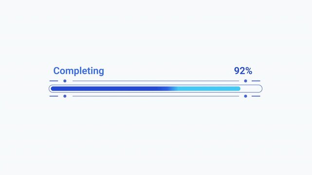 Flat vector illustration of a modern completing progress bar with percentage indicator, representing task completion, software progress, loading status, and digital workflow.