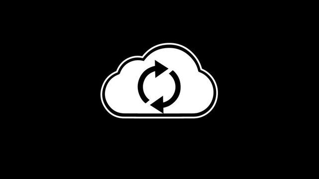 White cloud sync icon with rotation arrows on black background for data backup and cloud storage concept