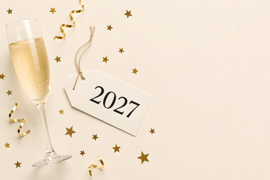 Happy new year 2027 concept with champagne glass and gift tag on beige background party.