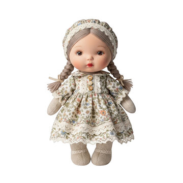 Cute baby doll with lace dress and bonnet isolated on transparent background