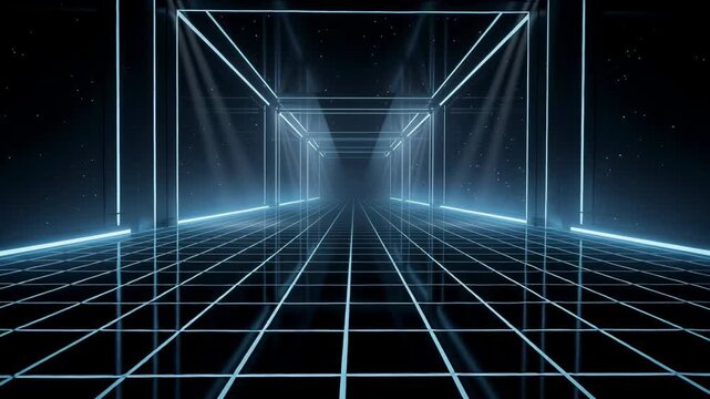 Futuristic glowing neon tunnel with grid floor and light beams in dark space background