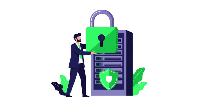Cyber Security and Data Protection Illustration: Businessman Securing Server with Padlock and Shield for Network Safety and Information Privacy
