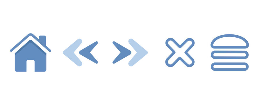 Set of UI navigation icons including home button and arrows for website and mobile application design