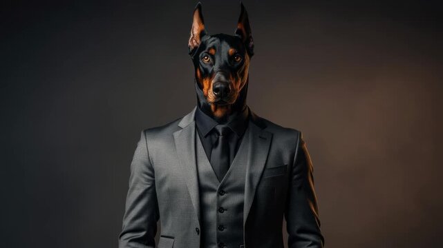 Doberman dog with human body wearing formal business suit and tie in dramatic lighting
