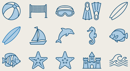 Summer beach and ocean icons set featuring ball net goggles flippers surfboard sailboat dolphin seahorse fish starfish sandcastle waves hand drawn vector illustration collection © Afiya bano