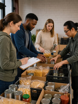 A diverse group of volunteers packing dry goods and canned food into boxes for distribution at a community center. They organize items and label boxes for donation drives.