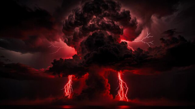 Powerful red lightning storm with dramatic dark clouds and intense atmospheric energy at night