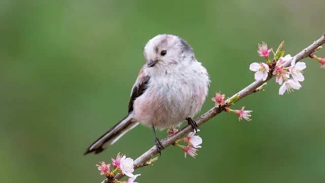 Long Tailed Tit bird perched on a blossoming branch with soft green background during daylight cinematic motion