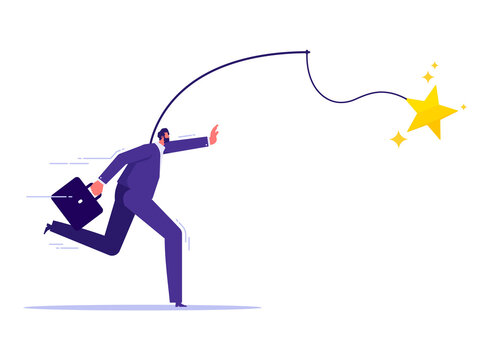 Motivation to success concept, incentive or reward to motivate employee, chasing for reward, businessman running with carrot stick trying to grab star