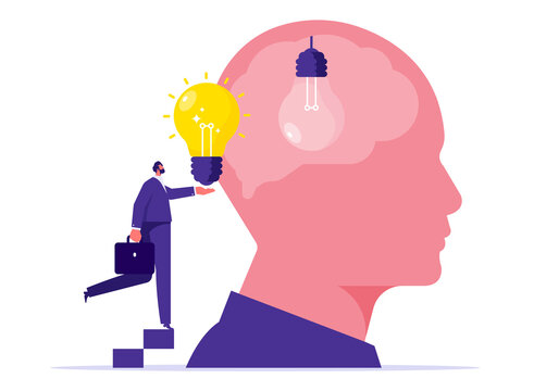 Knowledge or creativity to solve problem concept, intelligence, literature or education to success in work, businessman replace new lightbulb idea on the brain in head