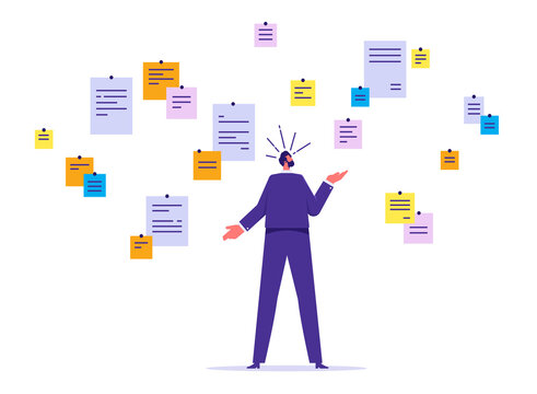Much work and reminders concept, stressed businessman or office worker standing with many colorful reminders on wall 