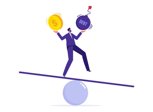 Personal financial management concept, calculation for wealthy life, balancing between debt payoff and income salary, businessman balancing himself on seesaw with debt bomb and money coin