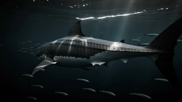Close up of a great white shark swimming underwater with light rays penetrating the ocean