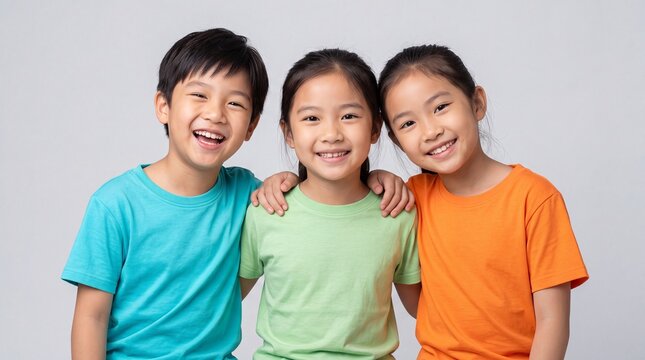 Three happy Asian children smiling and hugging each other against a plain grey background, showing friendship and childhood joy in colorful t-shirts.