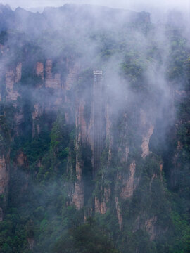 Aerial View of  Bailong Elevator in Zhangjiajie National Forest Park, Wulingyuan, Hunan Province, China