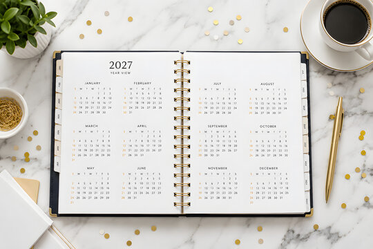 Open 2027 calendar planner on white marble desk with coffee cup and small plant closeup.
