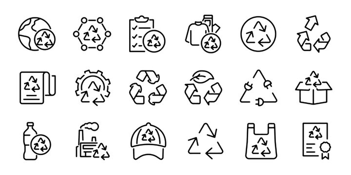 Set of outline icons related to recycle symbol. Linear icon collection. Editable stroke. Vector illustration