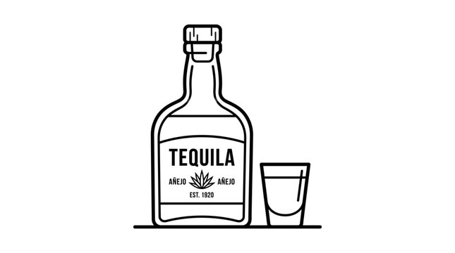 A minimalist line drawing of a tequila bottle and a shot glass, representing alcoholic beverages and nightlife