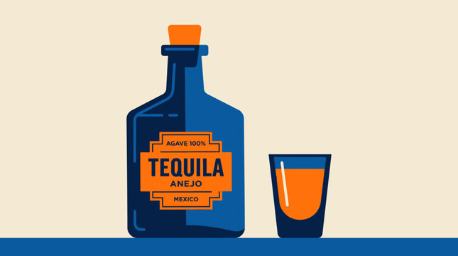 A stylized illustration of a bottle of tequila and a shot glass, representing Mexican spirits and celebrations