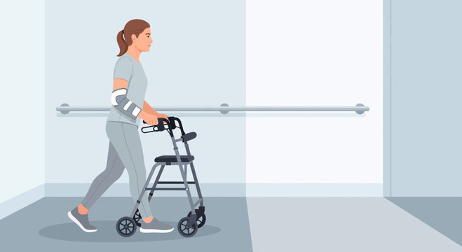 Woman with walker in rehabilitation after injury, physical therapy