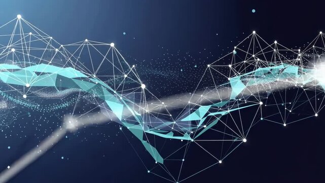 Abstract digital network connections with blue wave lines and glowing points on dark background for technology concept