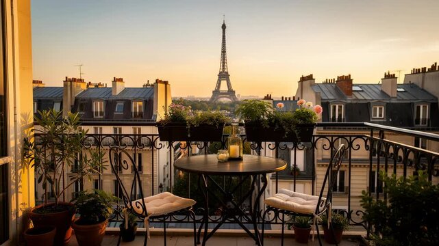 Romantic Paris balcony with table chairs flowers and Eiffel Tower view at sunset