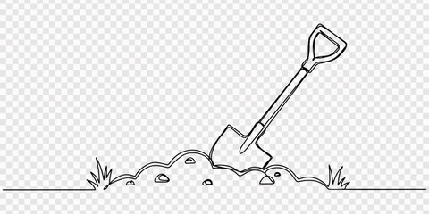 Garden shovel leaning on continuous line white background. no editable strokes, Minimalist One Continuous Line Art Illustration of a Shovel Digging into the Earth for Gardening, Landscaping © line pro