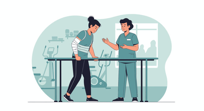 Physical therapy patient with bandaged arm exercises with therapist