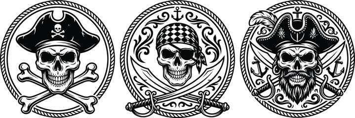 Obraz premium Pirate Skull Emblem Collection With Nautical Vintage Decorative Designs