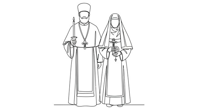 Line art illustration of an Orthodox priest and a nun standing together.