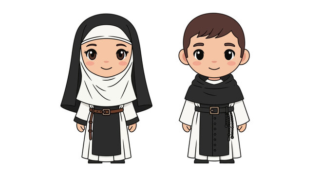 Cute cartoon illustration of a nun and a monk standing side by side.