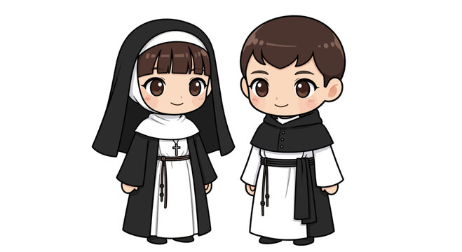 Chibi style illustration of a young nun and a Dominican friar standing together.