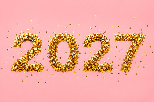 Golden glitter 2027 numbers laid out on soft pink background with sparkling confetti art.