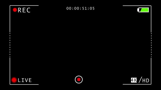 Camera viewfinder, camera streaming recorder, footage. Disply camera frame viewfinder, Video camera recorder screen overlay, rec text camera recording icon black backgound animation on white screen