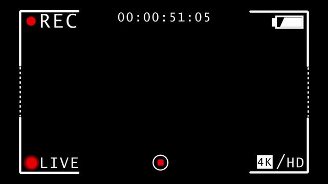 Camera viewfinder, camera streaming recorder, footage. Disply camera frame viewfinder, Video camera recorder screen overlay, rec text camera recording icon black backgound animation on white screen