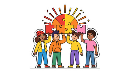 Unity in Diversity: Four children from diverse backgrounds come together, holding puzzle pieces that form a radiant sun, symbolizing collaboration and shared dreams.