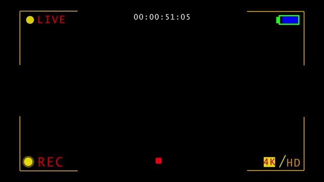 Camera viewfinder, camera streaming recorder, footage. Disply camera frame viewfinder, Video camera recorder screen overlay, rec text camera recording icon black backgound animation on white screen