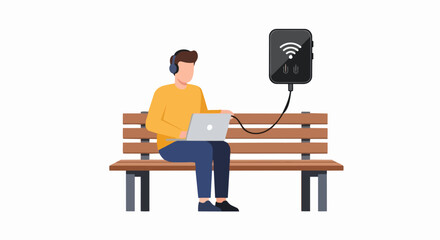 Fototapeta premium Digital Nomad Man Working on Laptop in Park with Portable Wi-Fi and Power Bank - Remote Work and Connectivity Concept Vector Illustration