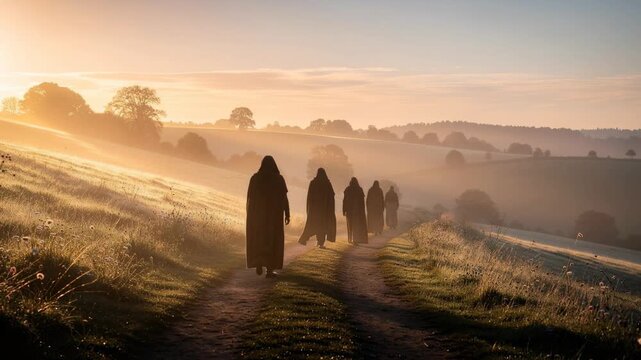 Mysterious cloaked figures walking on a foggy countryside path at sunrise with golden light and scenic hills
