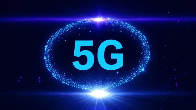 5 g network technology concept with glowing blue particle ring and digital light effects