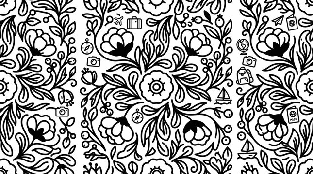 Seamless floral pattern with travel icons in black and white hand drawn style.