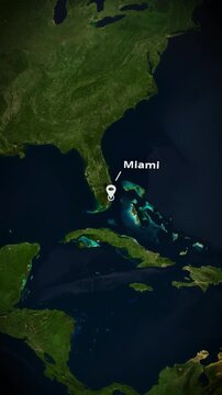 Vertical satellite map zooming to Miami Florida with location marker and text label for mobile travel promo or short-form social media.
