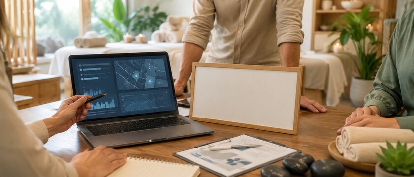 Business meeting with laptop analytics and blank frame on table