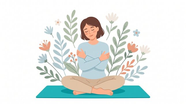 Woman meditating with flowers and greenery