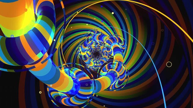 Abstract digital VJ loop vortex made of twisting torus chains, spiral orbital paths and cosmic ring arrays, creating deep astrophysics science background.
