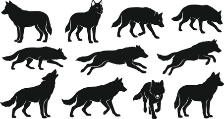 Obraz premium Wolf Silhouette Collection With Running Howling Walking And Standing Poses